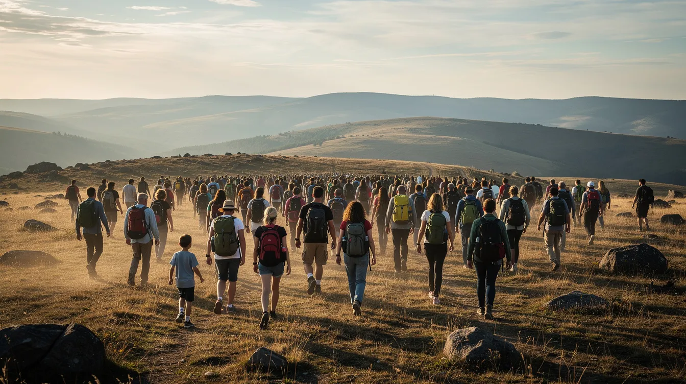 A large group of people walks together across an open landscape, heading towards distant hills, symbolizing a journey reminiscent of the Exodus story from the Bible, where communities seek hope and salvation. The scene captures a sense of unity and purpose as they traverse the earth, echoing themes of history and the Ten Commandments.