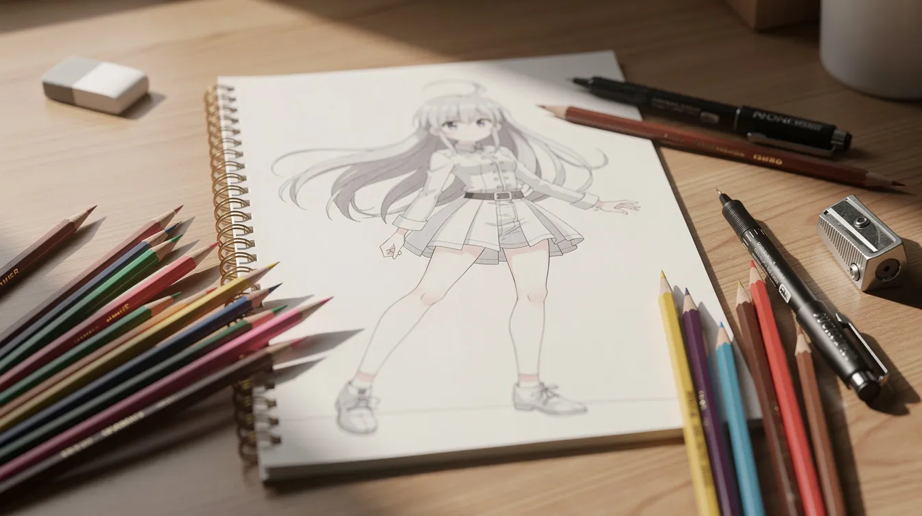 The image features an anime-style character illustration on paper, showcasing detailed facial features and vibrant anime hair, surrounded by a variety of art tools, including Holbein artists colored pencils and brushes on a desk. The setup suggests a creative workspace, perfect for drawing anime and manga characters with a focus on shading and coloring techniques.
