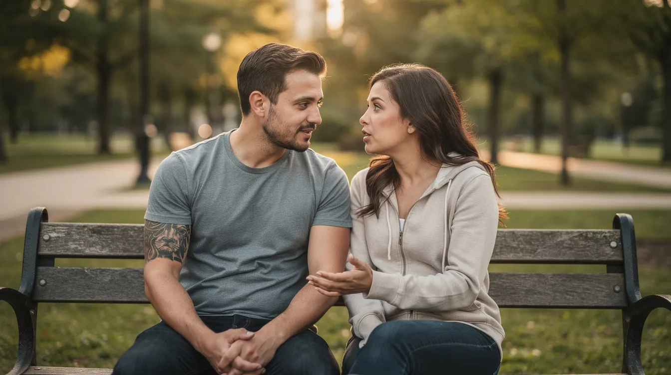 The image shows a couple engaged in an honest conversation while sitting on a park bench, embodying the essence of a healthy relationship. Their open communication reflects emotional safety and a commitment to addressing relationship issues in a supportive environment.