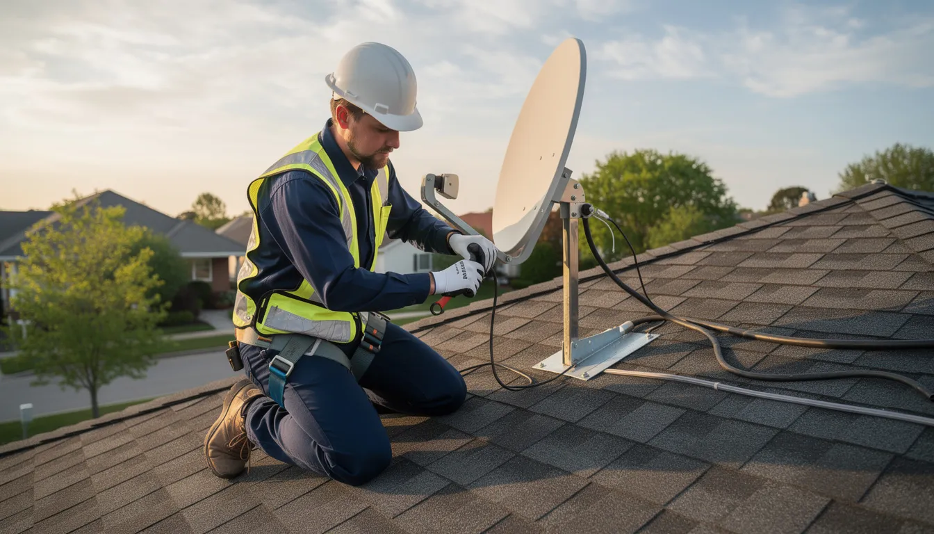 A professional technician is seen adjusting a satellite dish on a residential roof, ensuring optimal alignment for reliable DSTV services. This image highlights the importance of skilled DSTV installation and repair services for maintaining a strong signal and customer satisfaction.