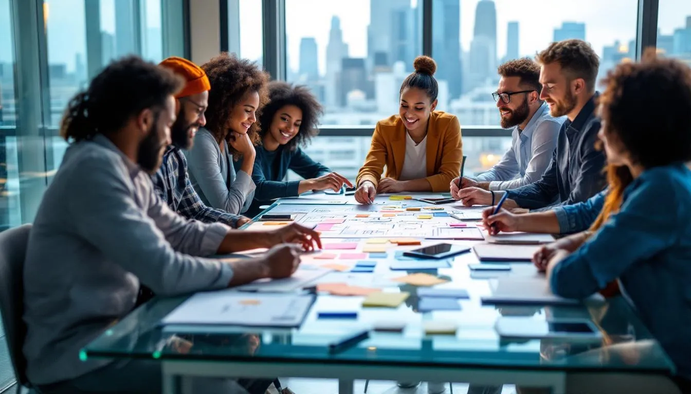 A diverse group of professionals engages in a creative brainstorming session, showcasing their leadership skills and collaboration in developing innovative ideas. This environment fosters personal and professional development, emphasizing the importance of effective leadership in enhancing organizational culture and performance.