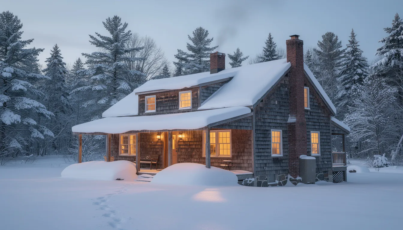 The image depicts a cozy Maine home exterior blanketed in winter snow, with a plume of smoke rising from the chimney, suggesting warmth and comfort indoors during the cold months. This setting highlights the importance of maintaining indoor air quality to combat winter air quality problems and ensure a healthy indoor environment.