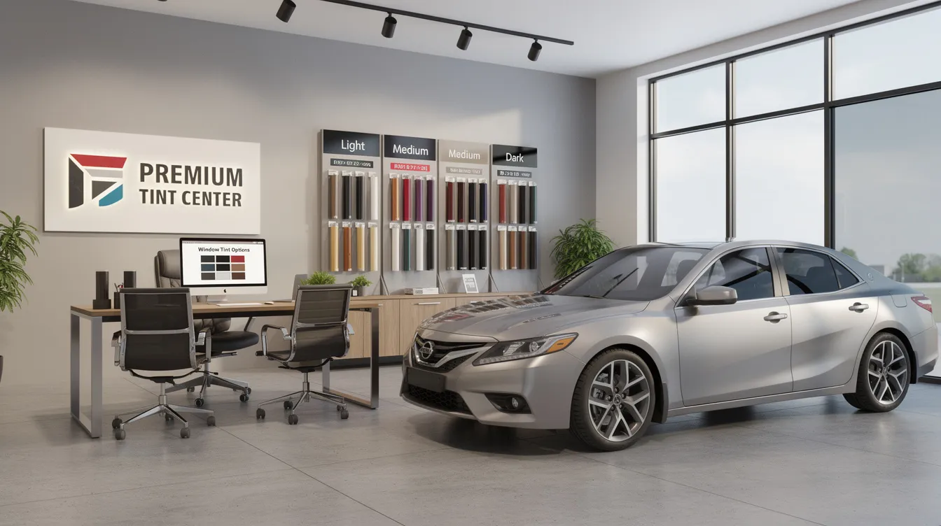 The image depicts a modern window tinting franchise showroom featuring a sleek vehicle display alongside a dedicated customer consultation area, showcasing the franchise's commitment to high-quality window tint and automotive styling services. This inviting space highlights the franchise opportunities available within the automotive aftermarket industry, emphasizing professional installation and strong business support for franchise owners.
