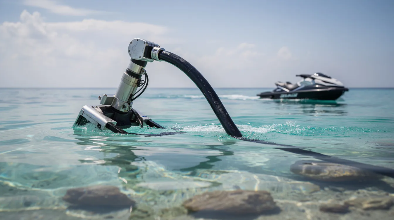Imagem de um equipamento de flyboarding posicionado sobre águas calmas e transparentes, com um jet ski ao fundo, refletindo o azul turquesa do mar caribenho. Este cenário paradisíaco é típico das ilhas ABC, como Curaçao, um destino ideal para férias e atividades aquáticas.