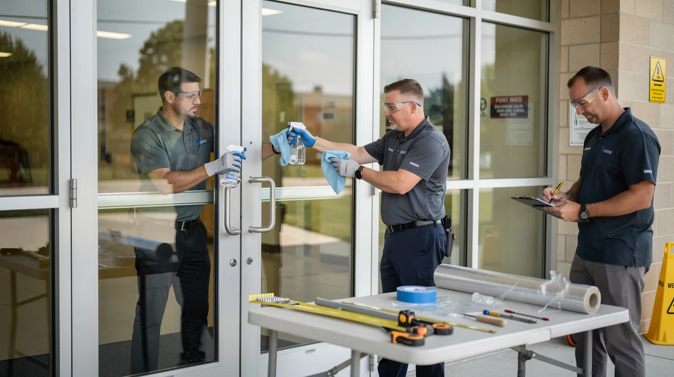 Two men are seen preparing the surface of glass school doors for the installation of security window film, which is designed to enhance safety and provide ballistic protection against forced entry and potential active shooter situations. The focus is on ensuring the existing glass is properly treated to hold the security film securely in place.