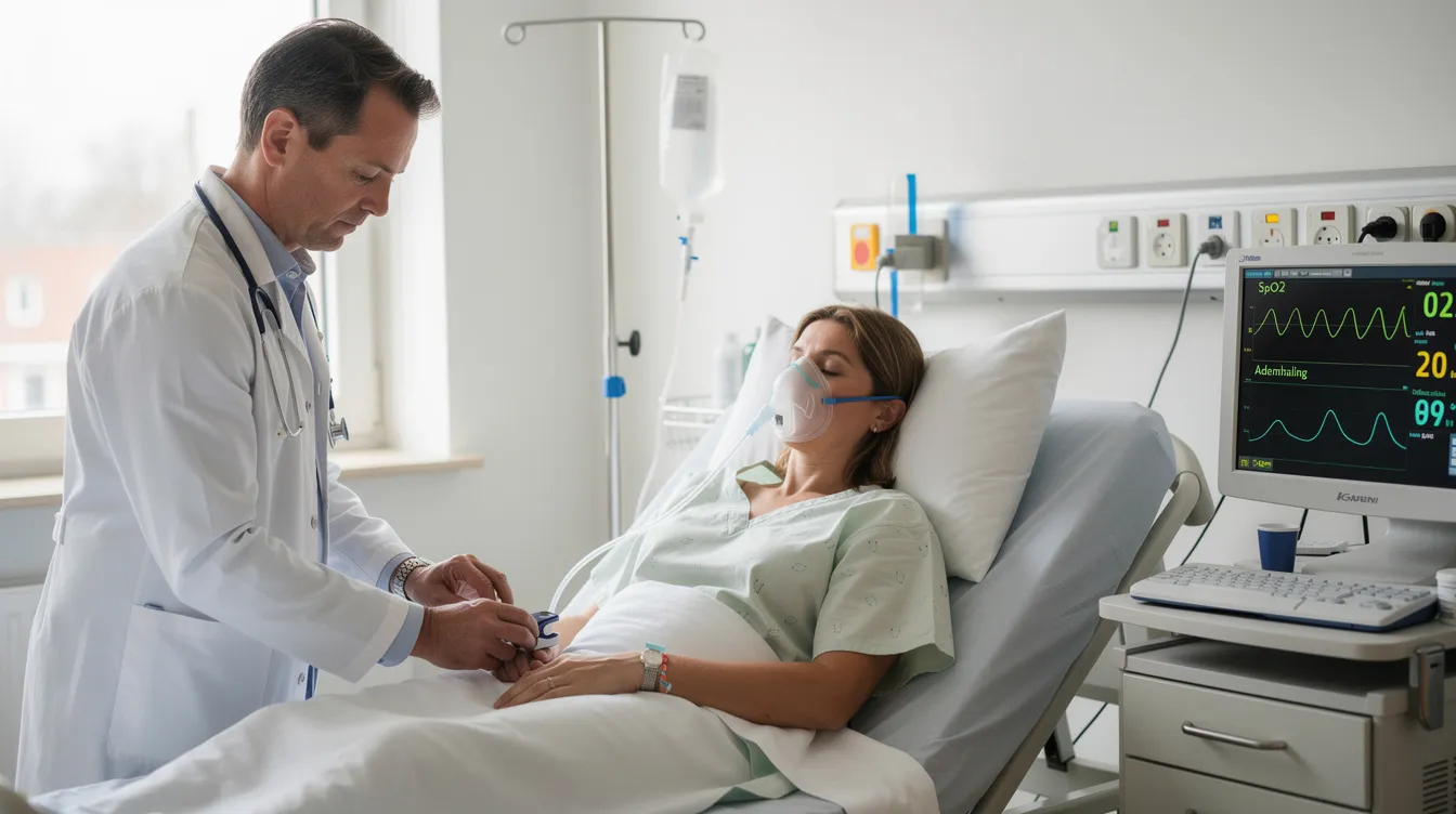 Een arts controleert de ademhaling van een patiënt met een saturatiemeter, waarmee het zuurstofgehalte in het bloed wordt gemeten om te bepalen of er sprake is van hypoxie. Deze toestand kan leiden tot ernstige gevolgen voor vitale organen, zoals hersenen en hart, als gevolg van een verminderde zuurstoftoevoer.