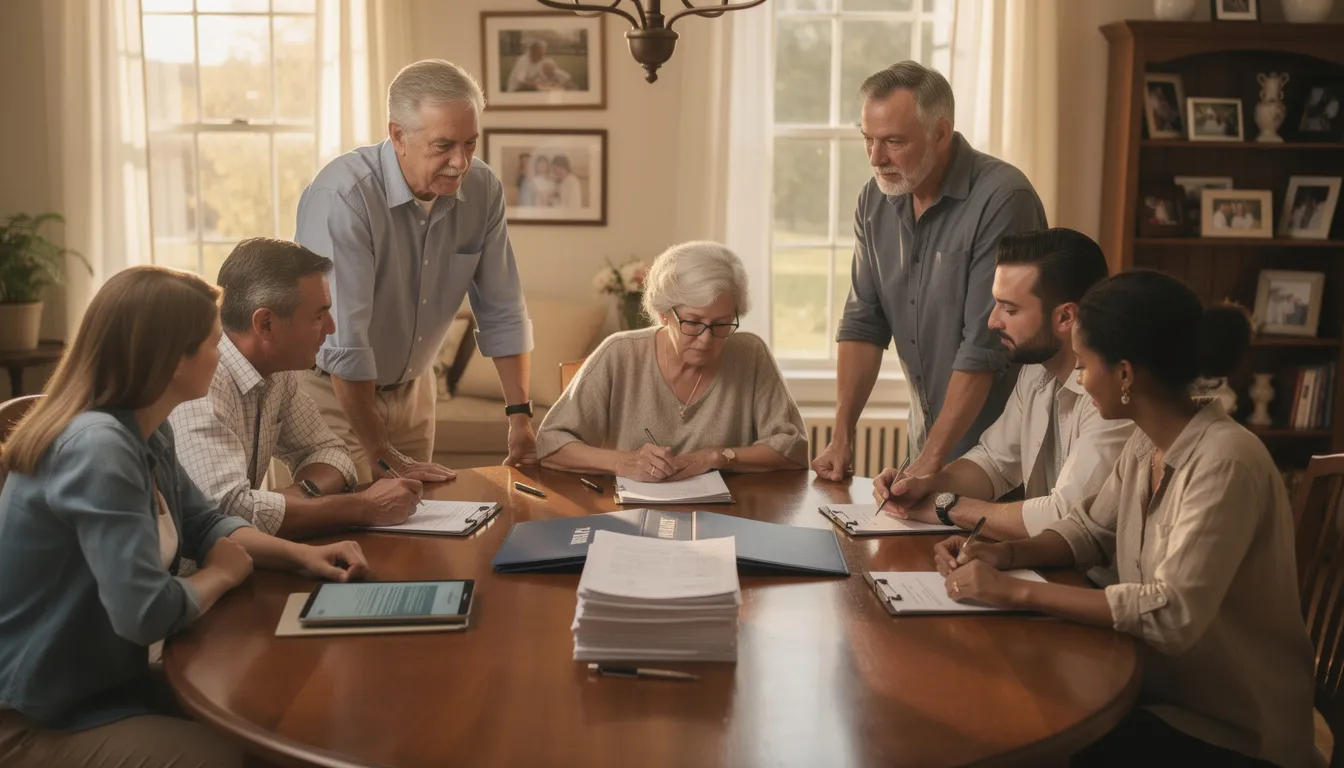 A family is gathered around a table, engaged in a serious discussion about estate documents and the probate process. They are likely addressing legal matters related to their loved one's estate, seeking guidance from an experienced probate attorney to navigate potential probate disputes and ensure proper estate planning.