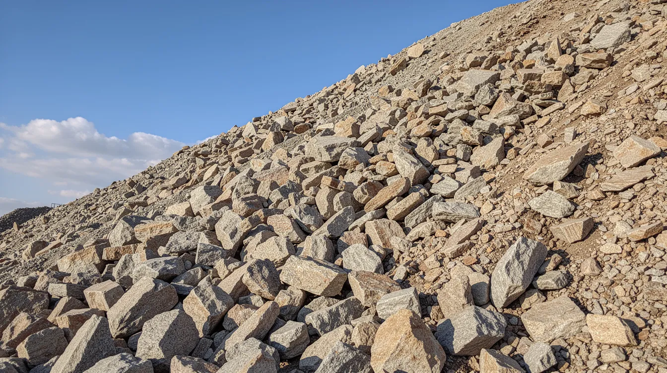 A close-up view of a large pile of mixed crushed stone aggregates at a quarry yard, set against a clear blue sky, showcasing various construction materials essential for the construction industry. This image highlights the importance of coarse aggregate in construction projects, emphasizing its role in ready mixed concrete and the supply chain for construction purposes.