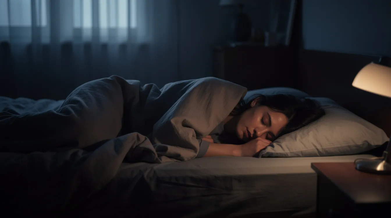 A person is sleeping peacefully in a dark bedroom, surrounded by a calm sleep environment that promotes quality sleep. The individual appears to be in deep sleep, likely experiencing various sleep stages, including REM sleep, which is essential for brain function and overall health.