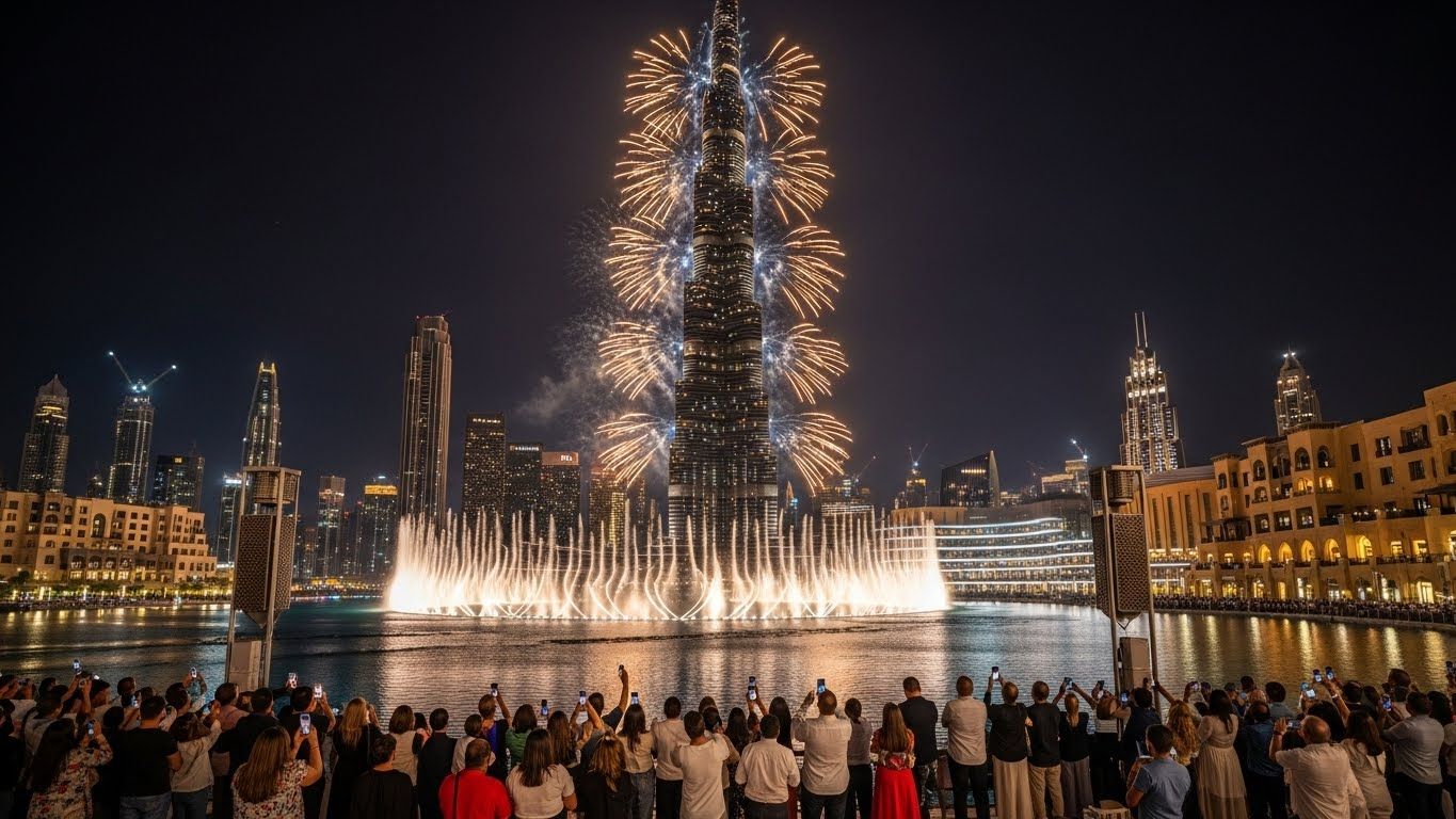 Dubai skyline at night with Burj Khalifa fireworks and crowds watching from the waterfront on New Year’s Eve.