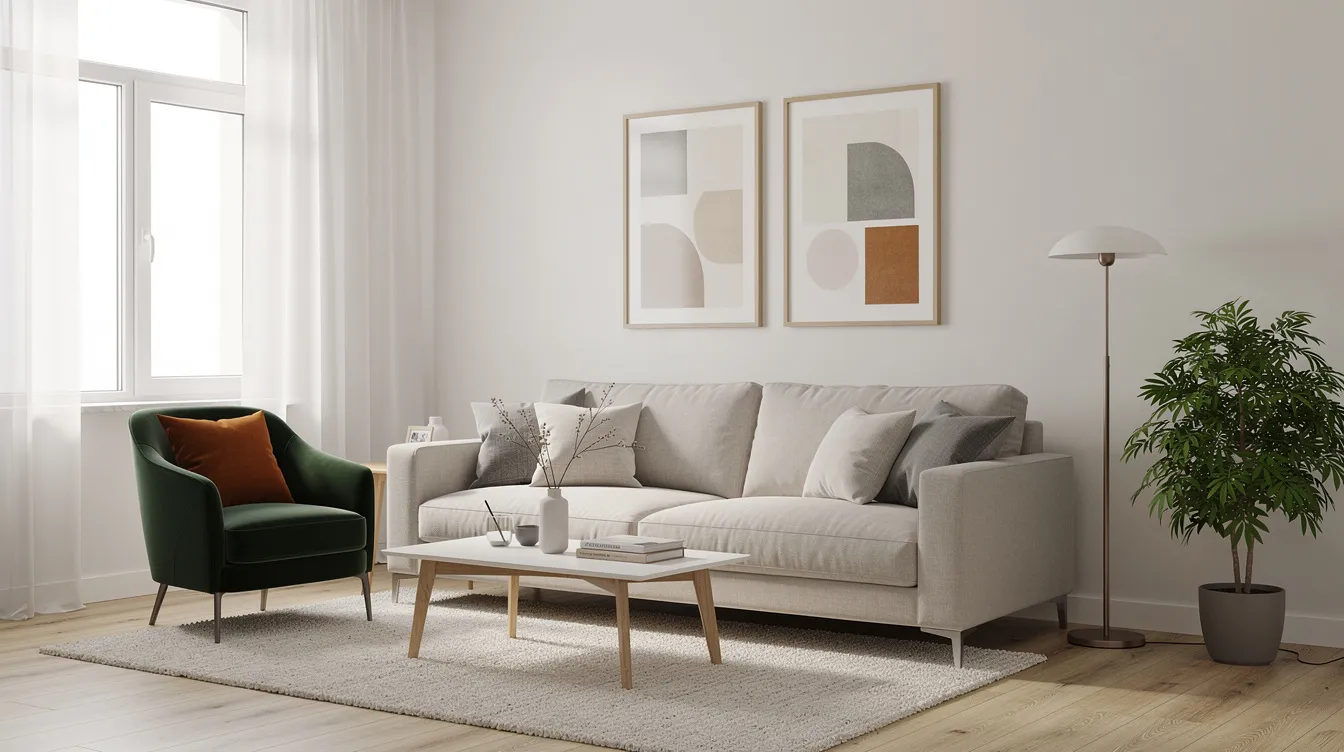 I ett harmoniskt inrett vardagsrum syns en mjuk soffa tillsammans med en kontrastfärgad design fåtölj, inspirerad av bruno mathsson. Fåtöljen, som är både bekväm och stilren, passar perfekt in i rummet och ger en modern känsla till hemmet.