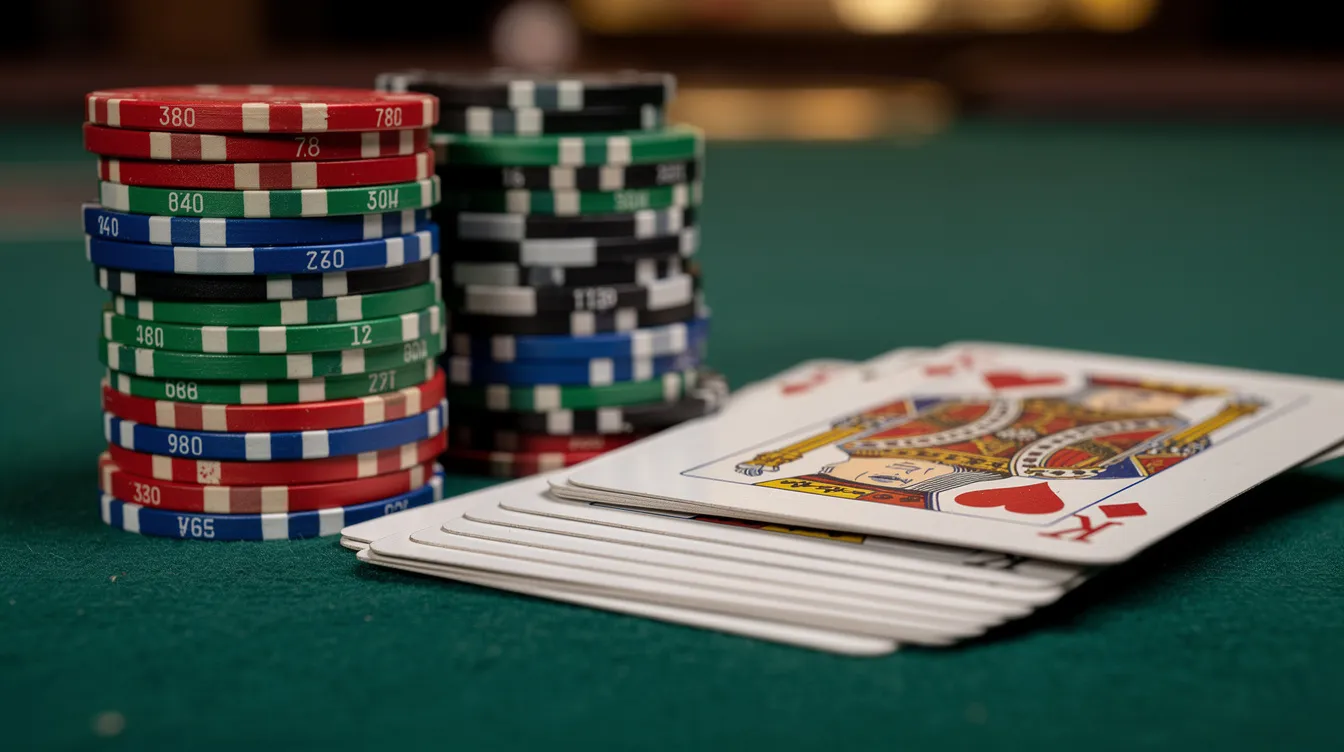 The image features a vibrant arrangement of colorful casino chips stacked next to a set of playing cards on a green felt table, evoking the lively atmosphere of online casinos. This scene captures the essence of casino games, perfect for those exploring non gamstop casino sites.