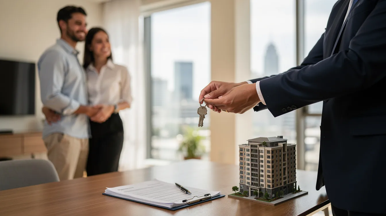 Una persona está entregando las llaves de un apartamento, simbolizando la inversión en bienes raíces y el crecimiento del patrimonio. Esta acción refleja la importancia de tomar decisiones informadas en el sector inmobiliario y la gestión de activos para asegurar un futuro financiero estable.