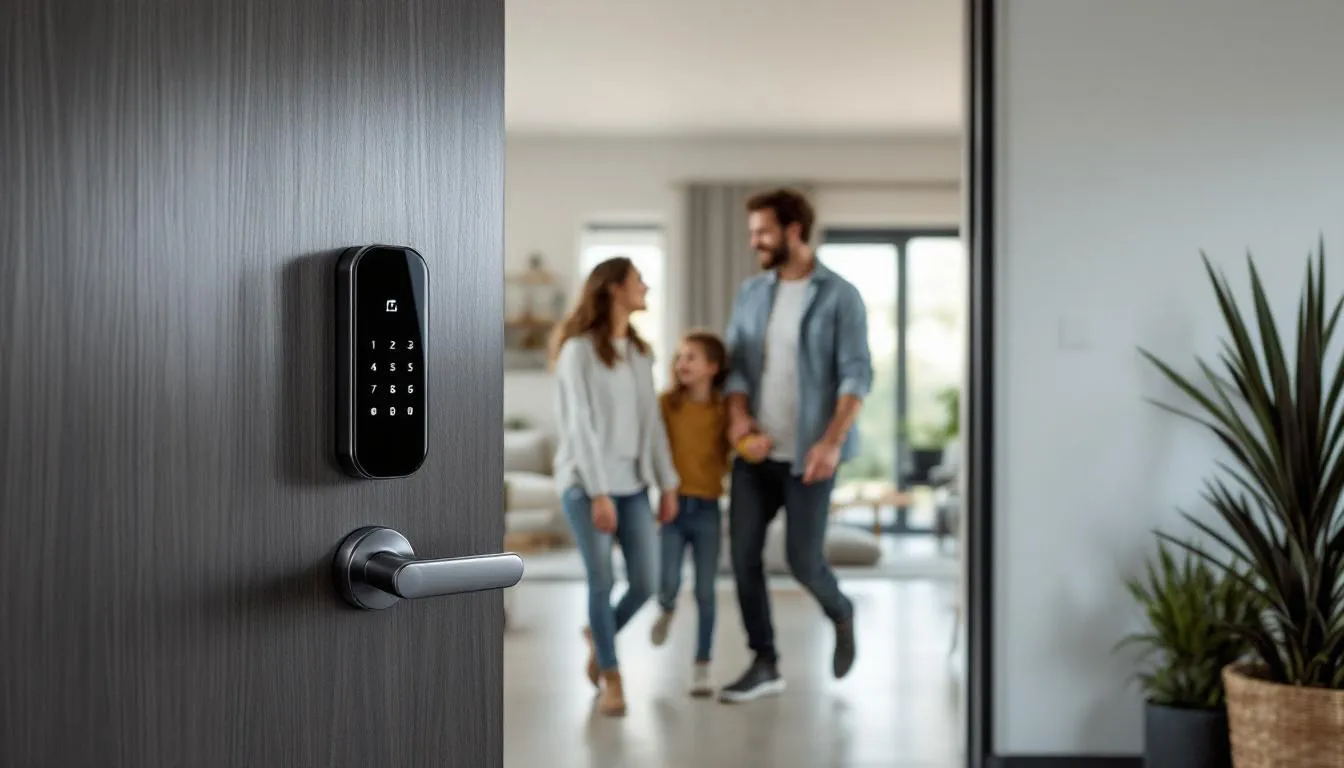 A family enjoying the convenience of smart locks integrated into their smart home system, enhancing home security.