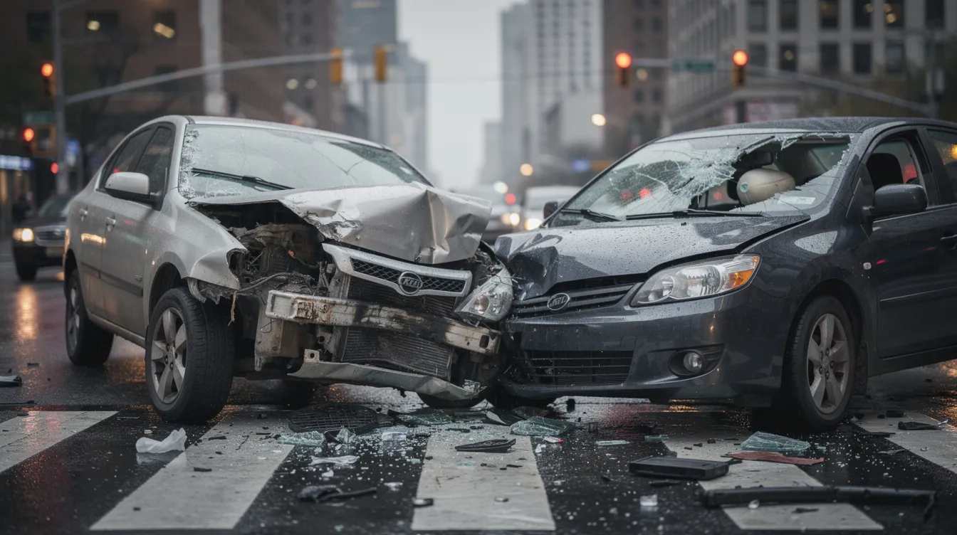 The image shows a close-up view of two damaged vehicles at a city intersection after a collision, likely caused by a distracted driving incident. The scene highlights the aftermath of a car accident, emphasizing the serious injuries and potential legal consequences that can arise from distracted driving violations.