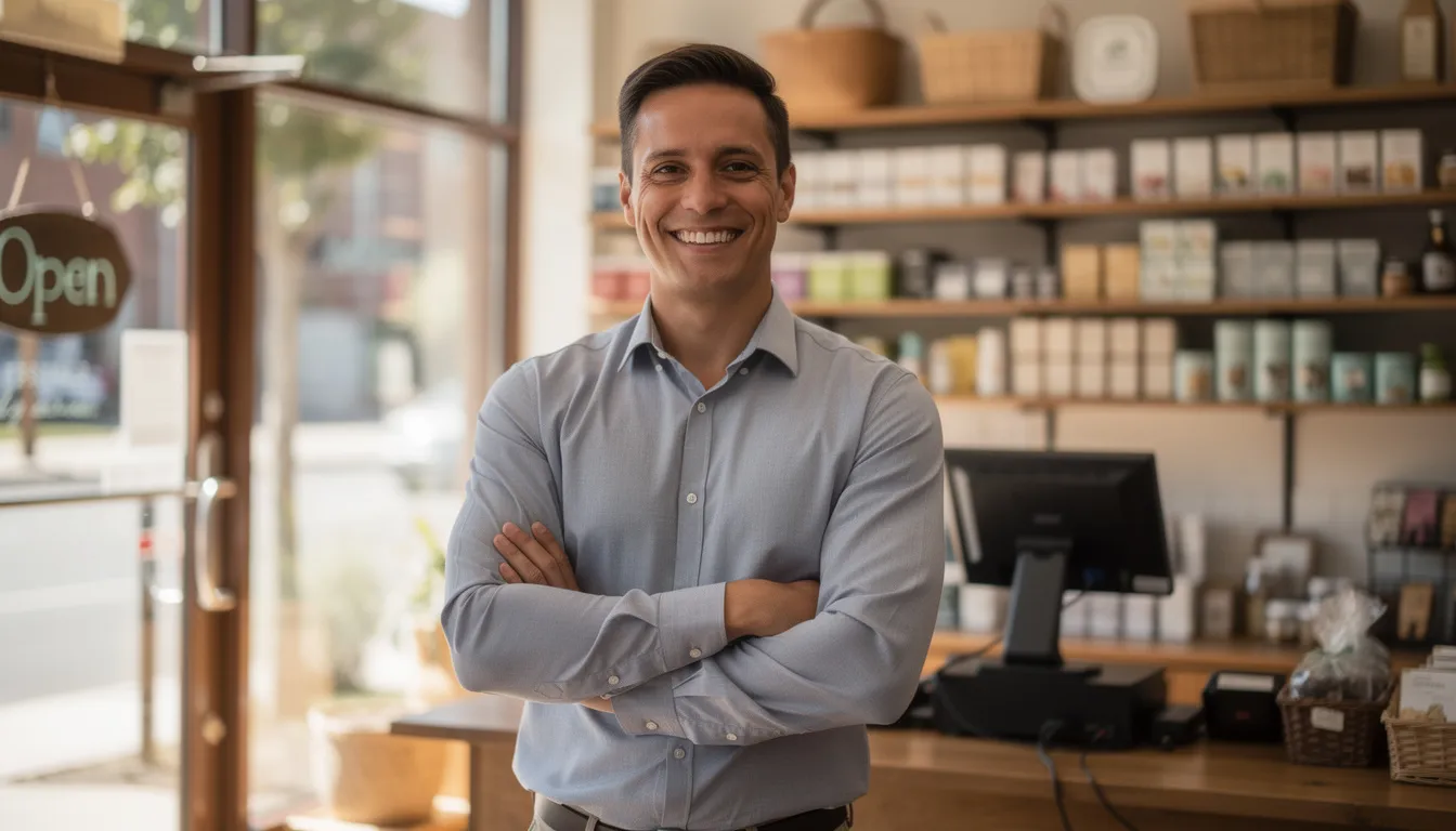 The image depicts a confident small business owner standing proudly in their local retail shop, reflecting their success after securing a working capital loan. This moment signifies their financial freedom and the swift turnaround that comes from effective financing options like merchant cash advances, allowing them to manage cash flow and future credit card sales.