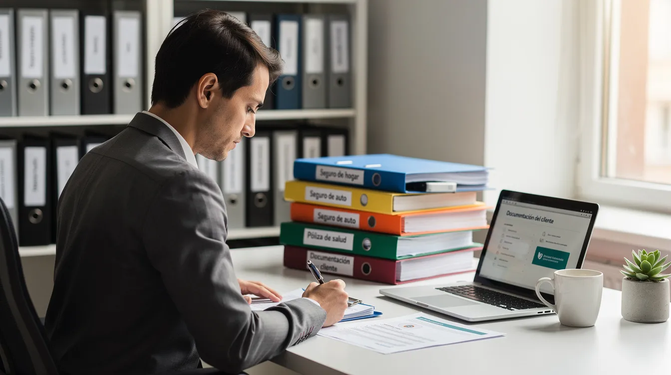 Una persona está revisando documentos de seguros en un escritorio, rodeada de carpetas organizadas. Se pueden ver pólizas de seguro y documentos relacionados con reclamaciones, lo que sugiere que está evaluando su situación con respecto a la aseguradora y posibles pasos a seguir en caso de denegación de su reclamo.