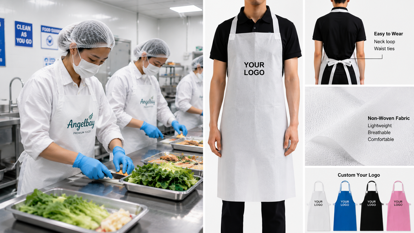 Disposable aprons used by food-handling staff, with lightweight material and simple neck and waist ties.