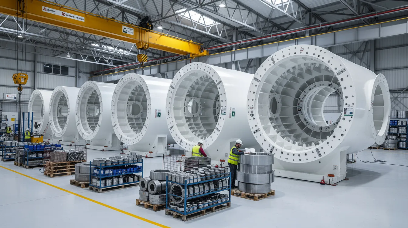 The image depicts the hub components of a wind turbine in a large industrial manufacturing facility, showcasing advanced CNC machining processes and specialized tools used for producing complex parts with tight tolerances. This state-of-the-art machine shop emphasizes large-scale machining capabilities essential for the renewable energy industry.