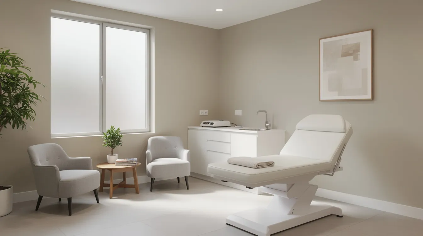 The image depicts a serene and modern medical clinic room, featuring soft lighting and comfortable seating, designed to provide a calming environment for patients undergoing treatment for opioid dependence or experiencing withdrawal symptoms. This inviting space is ideal for individuals seeking support during their methadone withdrawal process or opioid withdrawal management.
