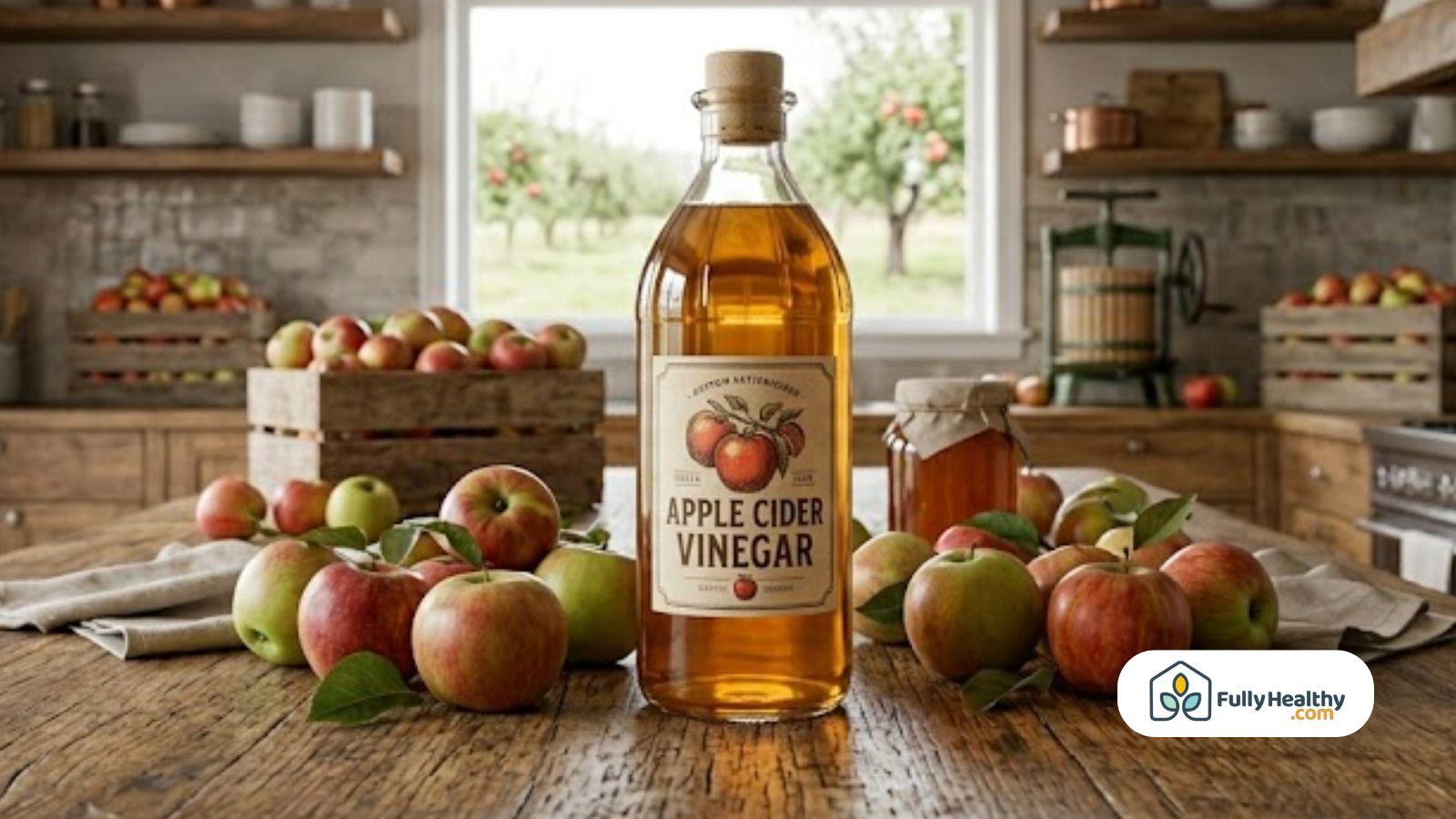Bottle of apple cider liquid surrounded by fresh apples on wooden table.