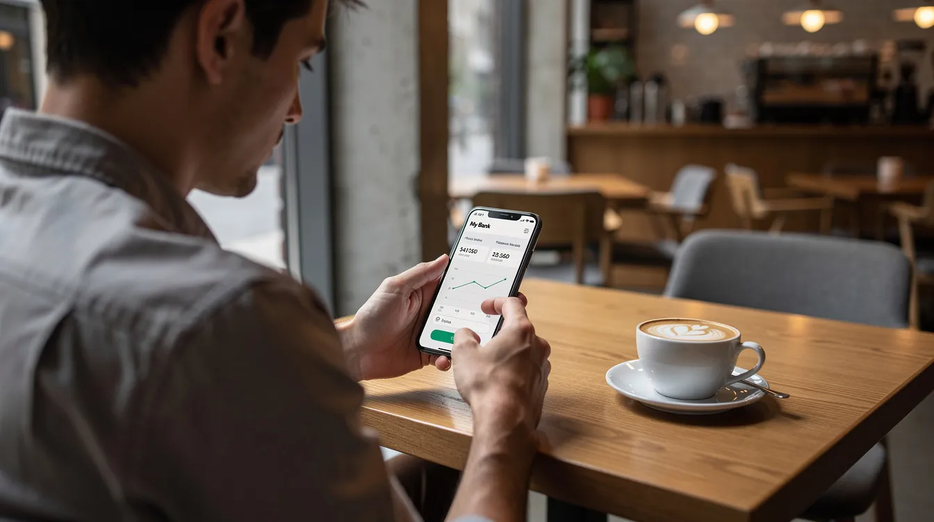 A person is sitting in a cozy cafe, focused on their smartphone banking app while a steaming coffee cup rests beside them. This scene reflects the integration of technology in the Irish banking sector, showcasing how individuals manage their finances conveniently in today's economy.