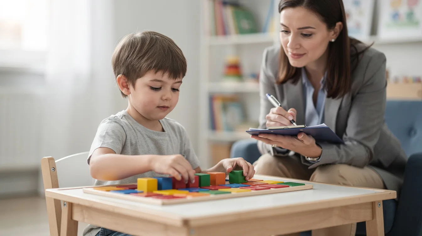 A young child is engaged in a puzzle-like activity with colorful blocks at a table, while a professional observes and takes notes, highlighting the importance of educational therapy in addressing children's cognitive skills and learning gaps. This interaction reflects the supportive role of educational therapists in fostering problem-solving abilities and enhancing the child's development.
