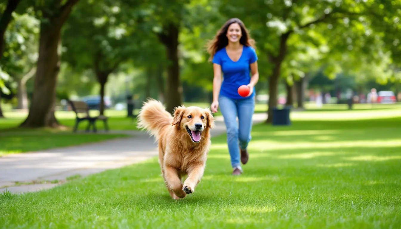 A joyful dog, possibly a Labrador Retriever, is energetically playing fetch in a sunny park with its owner, showcasing the bond between pet and pet parent. The scene captures the essence of a dog