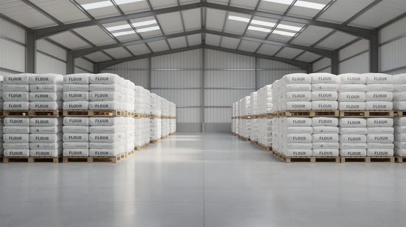 308a42f0 42b1 4b99 b916 a901c5709a2e The image shows stacked bags of wheat flour neatly organized inside a clean warehouse, highlighting the efficient storage used in the flour milling industry. This setup reflects the operational standards and consistent flour quality maintained in an industrial atta chakki plant.