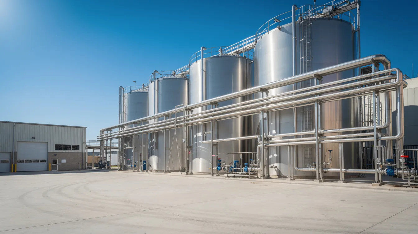 The image depicts a large industrial dairy processing facility featuring stainless steel silos and extensive piping systems, all set against a clear blue sky. This milk powder manufacturing plant is designed for operational efficiency in producing various dairy products, including whole milk powder and skim milk powder.