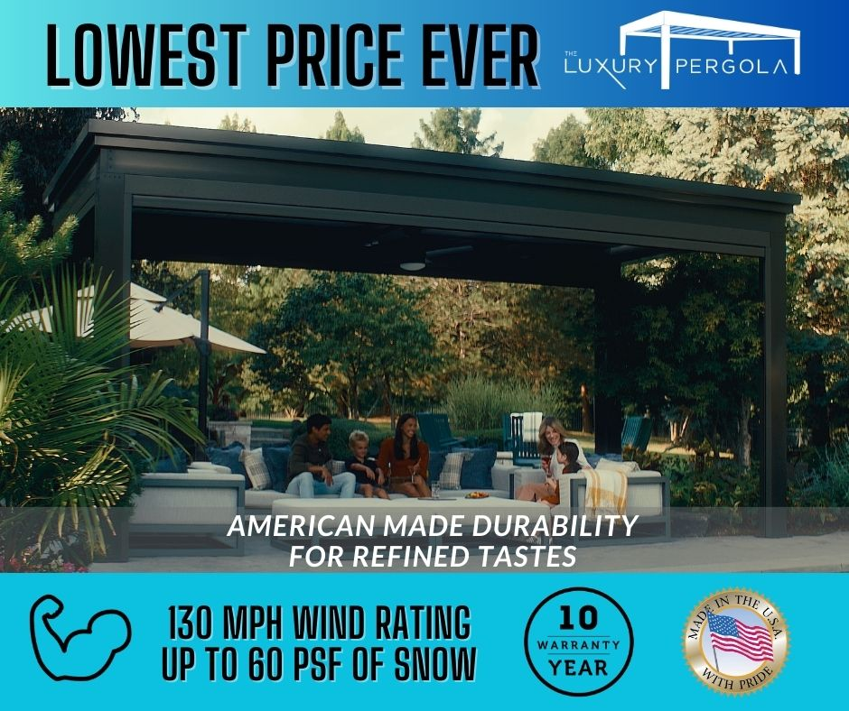 A picture of a beautiful pergola with a pergola black friday sale banner hanging on it, showcasing the amazing features and savings offered by the top pergola brands.