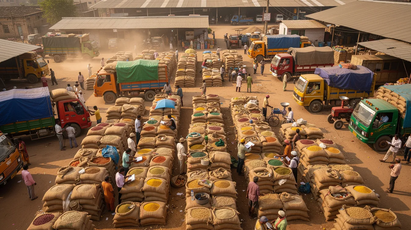 An aerial view captures a bustling agricultural market in India, where traders are actively engaged with trucks loaded with sacks of various pulses, showcasing the vibrant pulse processing sector. This scene reflects the rising consumer demand for nutritious food products and highlights the importance of sustainable food production in the global pulses market.