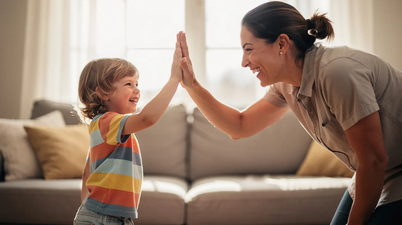 A parent is giving a high-five to their smiling child, showcasing a moment of joy and connection. This interaction highlights the importance of positive reinforcement in helping children feel successful and engaged.