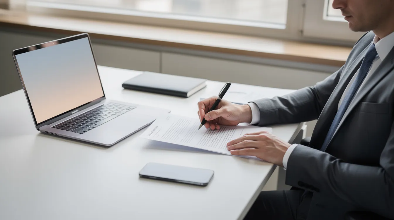 A person is sitting at a clean office desk, focused on signing documents with a pen, while a laptop is open nearby. The setting conveys a sense of professionalism and organization, ideal for tasks such as managing personal data or verifying accounts.