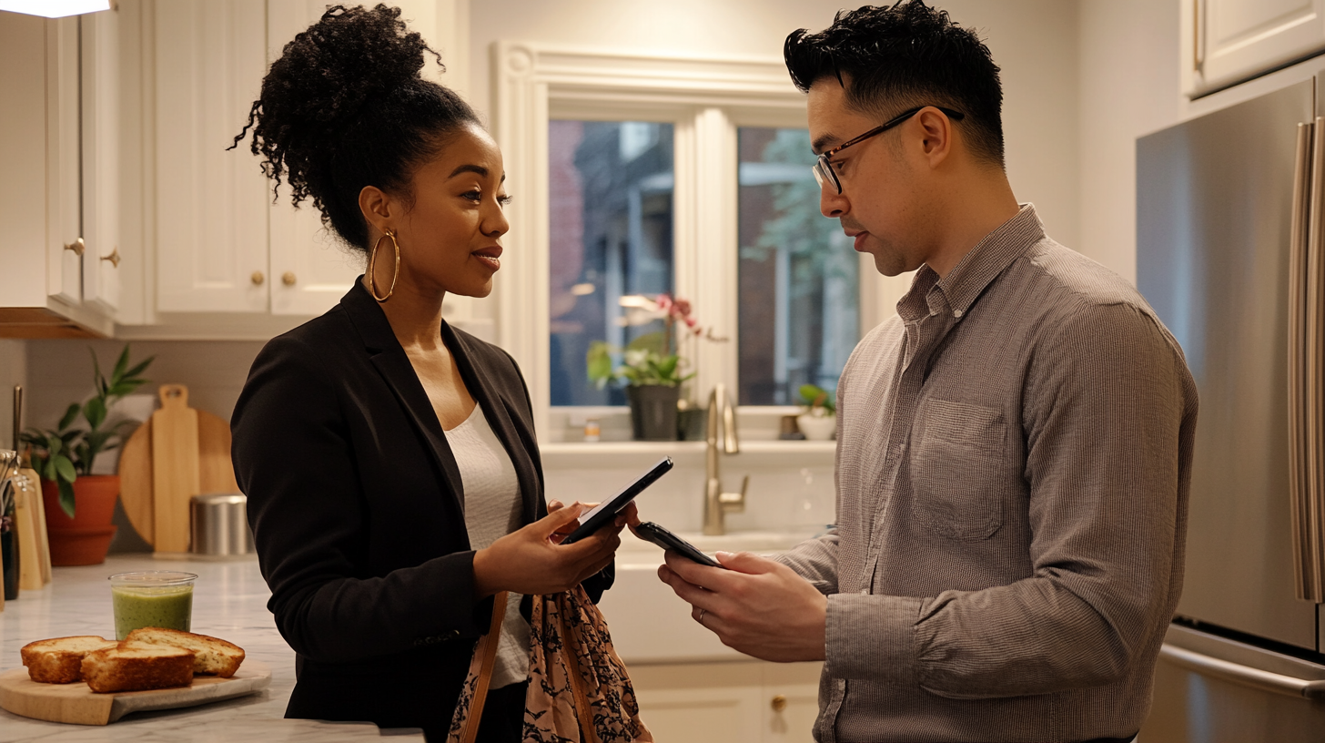 Two partners in a dual-career New York relationship reviewing their weekly schedules side by side.