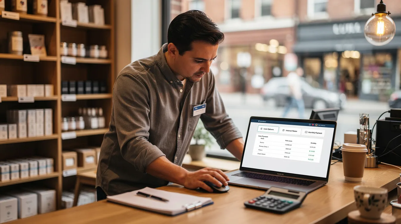 A small business owner is seated at a table in a retail store, intently reviewing various loan options on a laptop. The scene captures the essence of entrepreneurship and financial planning, reflecting the importance of 中小企業 融資 and the various 貸款 機構 available for small business owners.