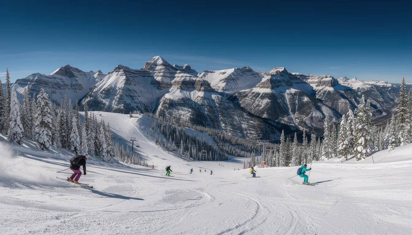 A wide panoramic view showcases snow-covered mountain peaks in Utah, with skiers and snowboarders gracefully descending groomed runs beneath a clear blue sky, highlighting the beauty of Utah's ski resorts. This image captures the essence of a perfect ski vacation in the stunning landscapes surrounding Salt Lake City and Park City Mountain Resort.