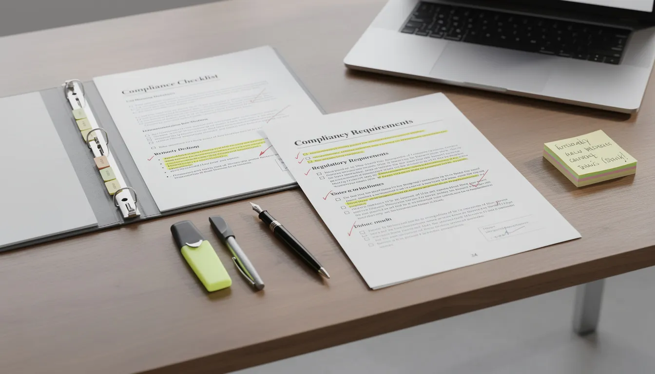 The image depicts a cluttered office desk featuring various legal documents and a compliance checklist related to property management. This setup emphasizes the importance of adhering to local and federal laws, ensuring effective property management practices for property managers and owners alike.