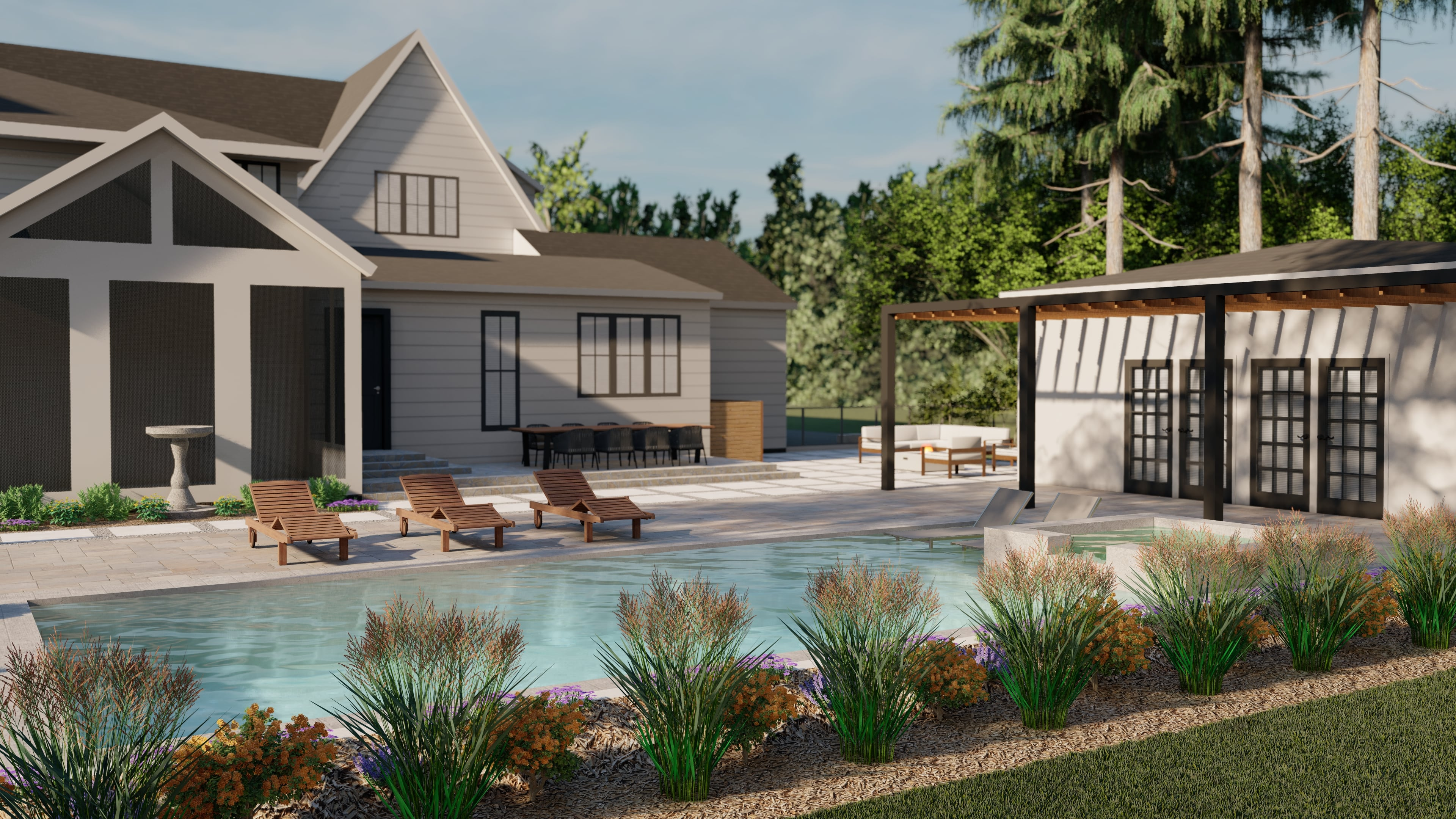 a yard with mulch and fresh potting soil around a landscaped pool area