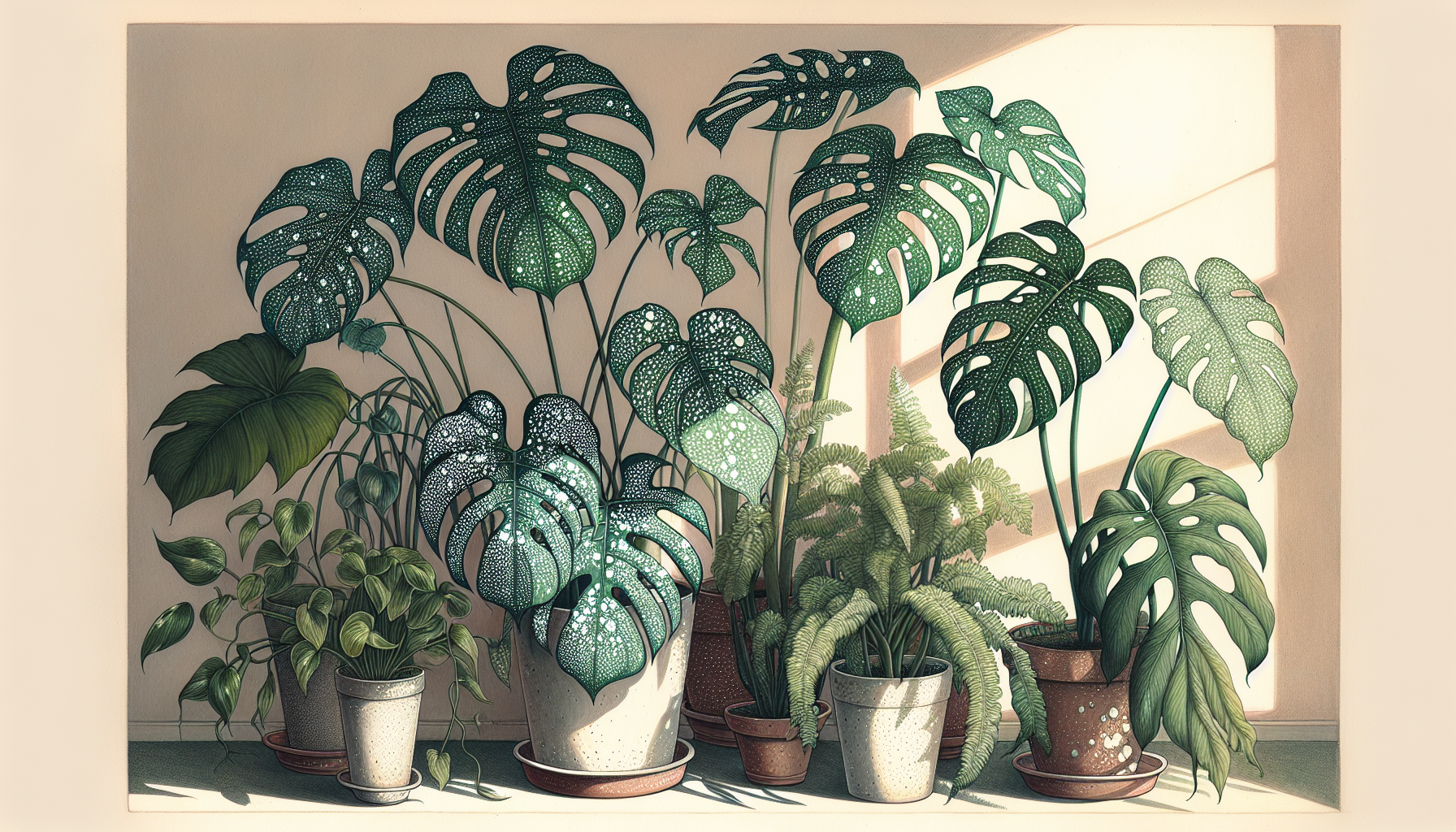 Illustration of various indoor plants with white spots on their leaves