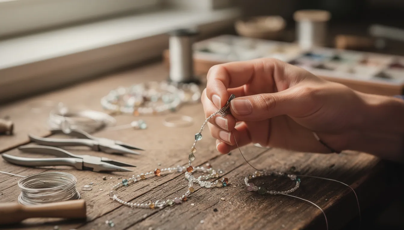 The image features a close-up of skilled artisan hands meticulously crafting delicate beaded jewelry, showcasing the intricate details and vibrant colors of the beads. This artistic process highlights the dedication and craftsmanship involved in creating unique pieces of jewelry.