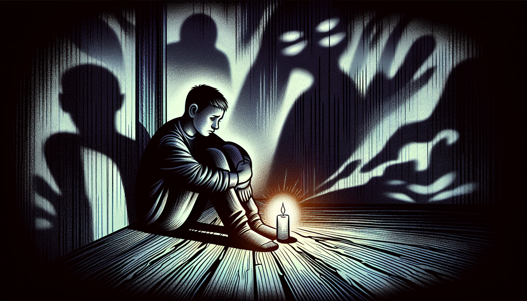 A person sitting alone with a distressed expression