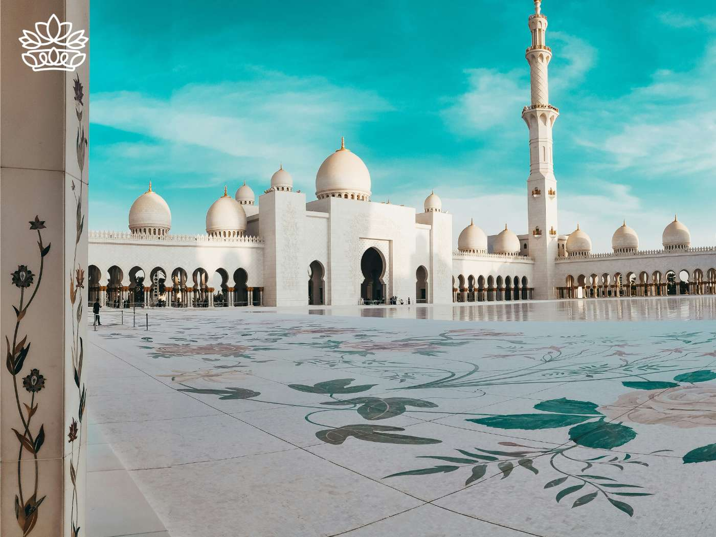 Panoramic view of an ornate mosque with crescent moons, where Muslims gather with friends and relatives, an important part of the Eid Collection by Fabulous Flowers and Gifts.