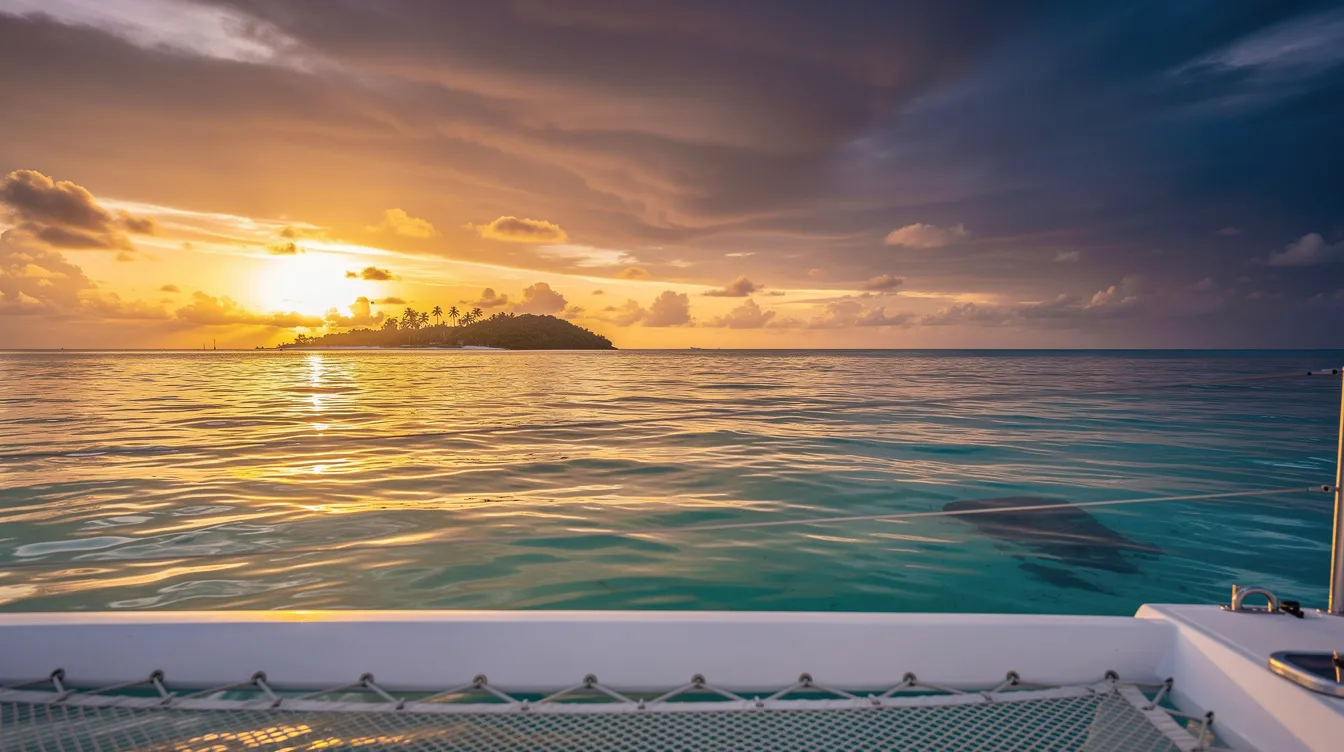 Imagem de um pôr do sol deslumbrante sobre o mar do Caribe, visto de um catamarã, com a silhueta de uma ilha ao fundo. As águas azul turquesa refletem as cores quentes do céu, criando uma atmosfera paradisíaca típica das ilhas de Curaçao.