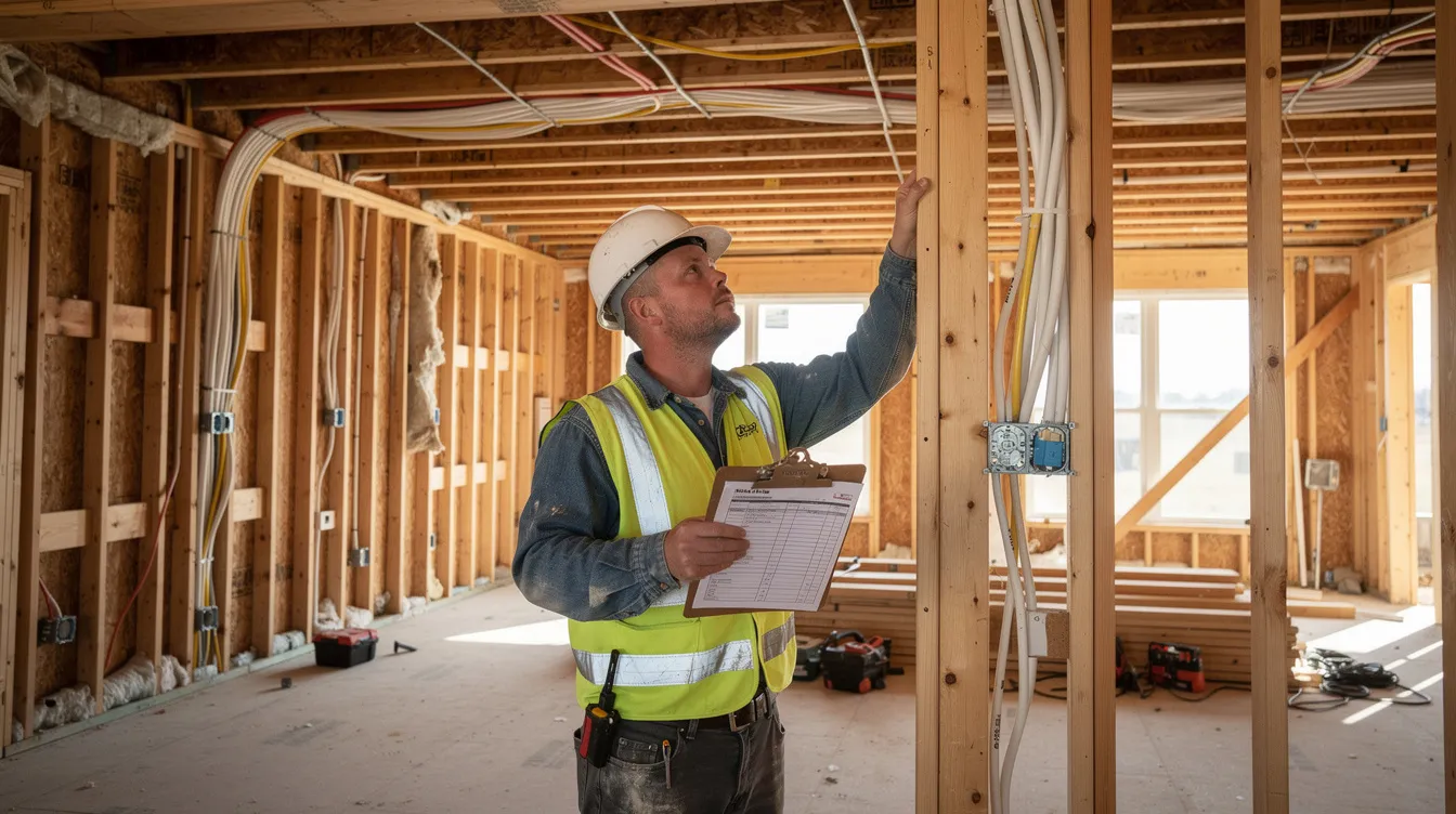 A person dressed in work clothes examines a house under renovation, where exposed framing and wiring are visible, indicating ongoing construction. This scene is relevant for real estate investors considering investment properties in Massachusetts, particularly those interested in hard money loans and the fix and flip market.