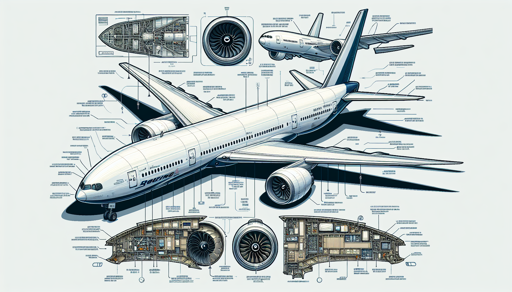 An illustration depicting the various features of the Boeing 777 aircraft.