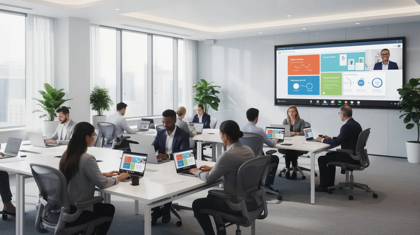 The image depicts a modern open-plan office where professionals are engaged in custom elearning development on their laptops, while a large screen in the background displays digital course content aimed at enhancing employee skills and achieving measurable results in training. This collaborative environment reflects the focus on creating engaging online training courses that support the learner journey. The image depicts a modern open-plan office where professionals are engaged in custom elearning development on their laptops, while a large screen in the background displays digital course content aimed at enhancing employee skills and achieving measurable results in training. This collaborative environment reflects the focus on creating engaging online training courses that support the learner journey.