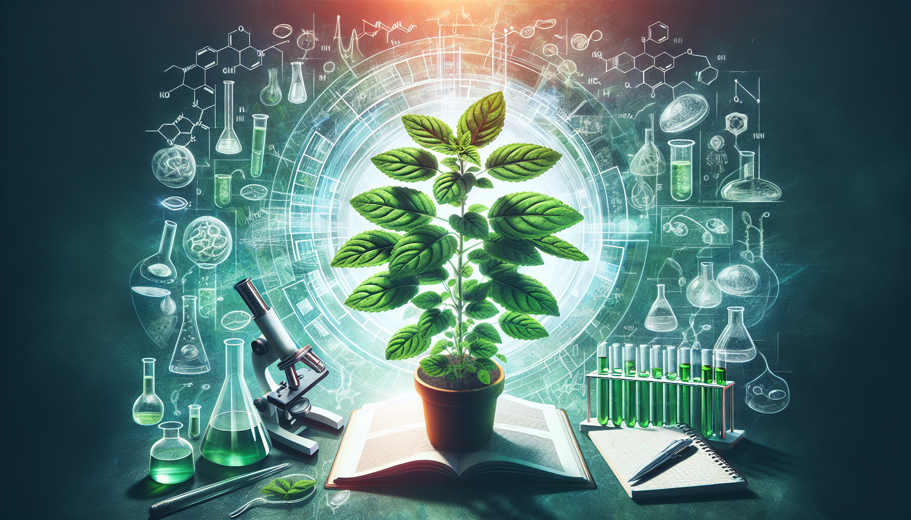 Artistic depiction of scientific research on holy basil