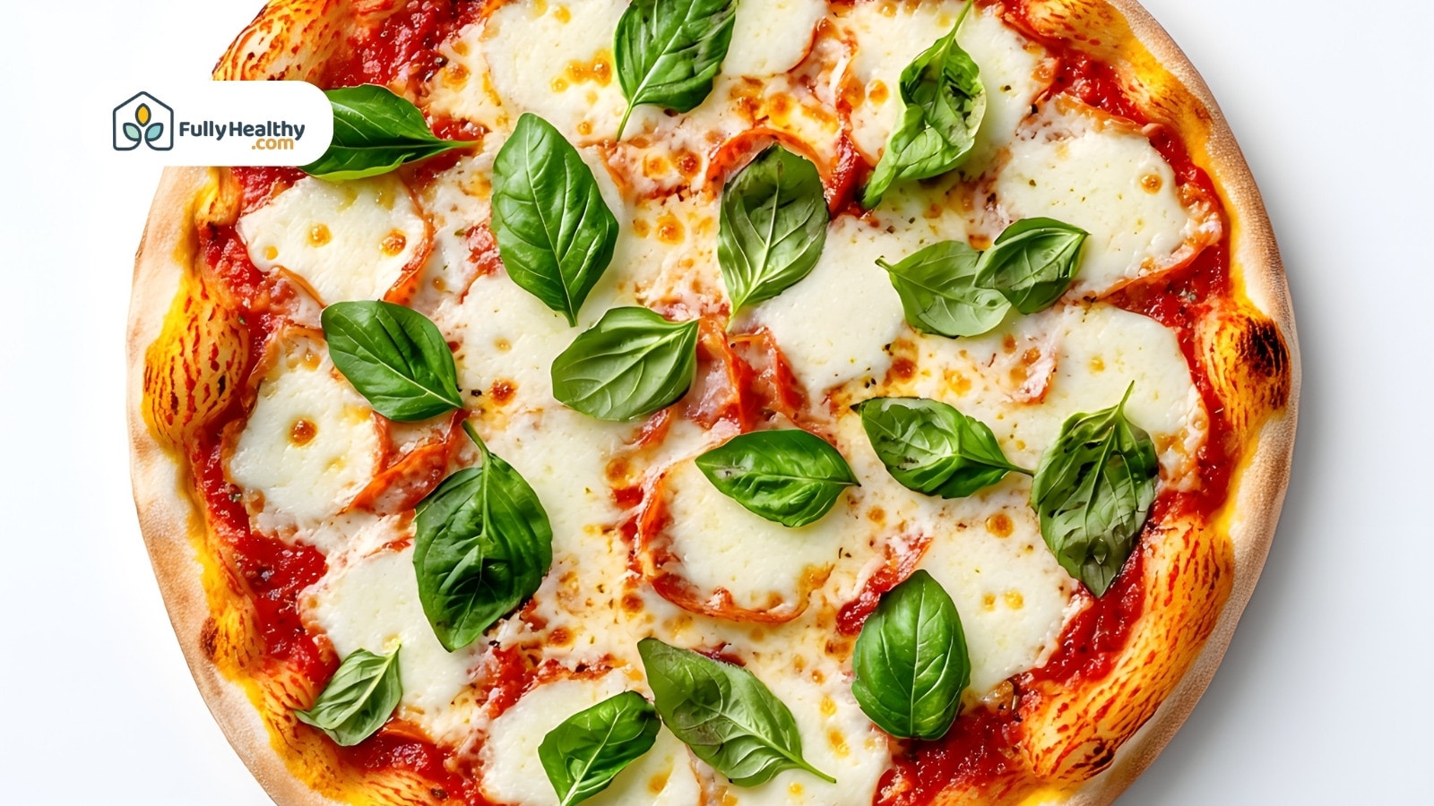 Fresh mozzarella pizza topped with basil leaves and tomato sauce