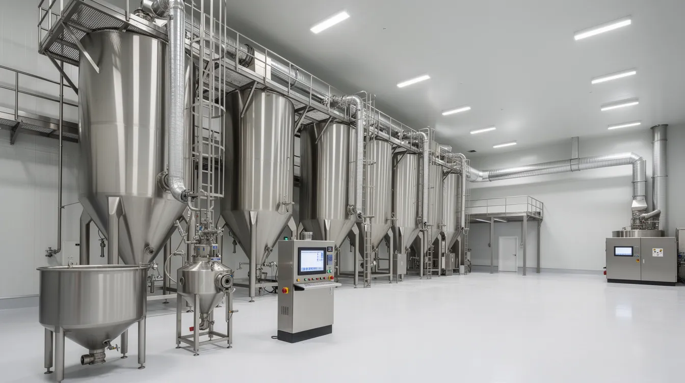 309c8cd7 59ce 4039 8888 b3c8e76c237e The image depicts large stainless steel spray dryer towers inside a modern milk powder manufacturing plant, showcasing the advanced equipment used in the milk powder production process. This facility is designed for efficient operations in the dairy processing industry, emphasizing quality control and high production capacity.